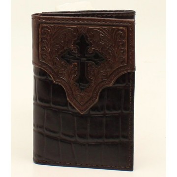 Ariat Trifold Crocodile Flower Embossed Overlay Cross Wallet