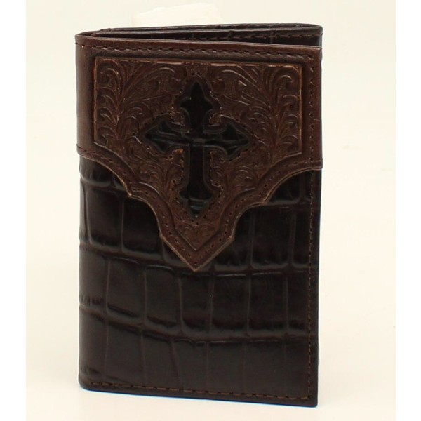Ariat Trifold Crocodile Flower Embossed Overlay Cross Wallet