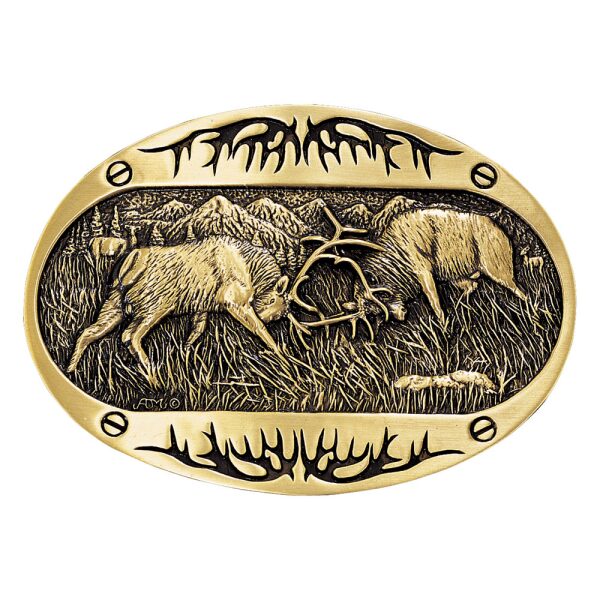Montana Silversmiths Fighting Elk Brass Heritage Attitude Belt Buckle